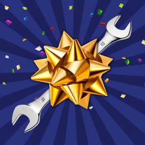 A gold gift bow on top of two crossed wrenches, set against a blue background with radial lines and colorful confetti.