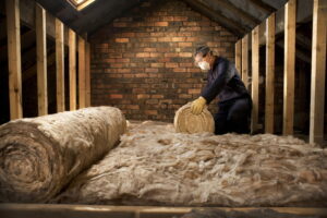 Person wearing protective gear is installing rolled insulation in an unfinished attic with exposed beams and brick walls.
